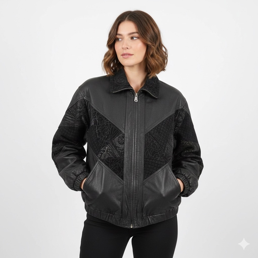 Donna Pelle vintage leather bomber patchwork jacket black L